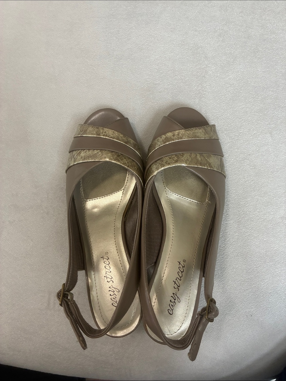 easy street Taupe and Gold Slingback Peep-Toe Wedges